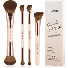 MAANGE Set de Brochas para Maquillaje 4PCS Brochas de Maquillaje Premium de Doble Punta Multi Usos con Estuche Brocha para Base Pulir Líquidos, Cremas, Polvos Ideal para Regalar(Beige+Dorado)
