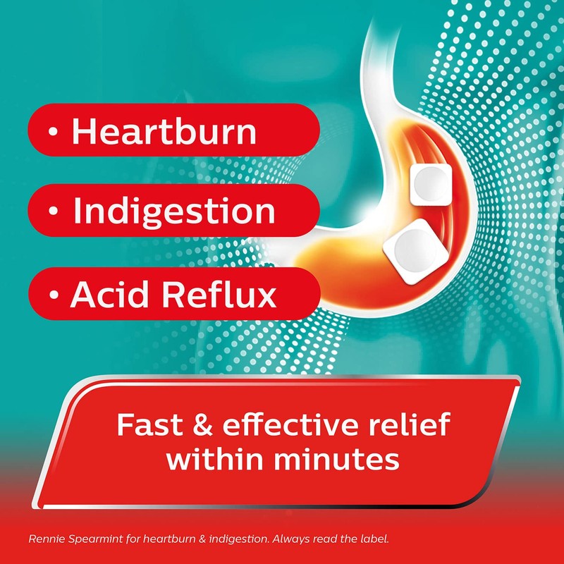 Rennie Rennie Antacids, Spearmint Flavour Heartburn Relief and Indigestion Tablets,
