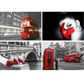 DCIDBEI 40 x 30 cm DIY Set of 4 Diamond Painting Woman, Painting by Numbers Bridge Adults, Diamond Painting Landscape Bus, Unique Gift, 5D Wall Decoration Craft, Modern City