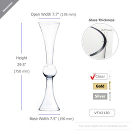 WGV Tall Trumpet Vase, Open 7.5", Height 30", Base 7.5", (Multiple Size/Color Choices) Clear Reversible Latour Floral Wedding Centerpiece Home Event Decor, 1 Piece (VTV2130)
