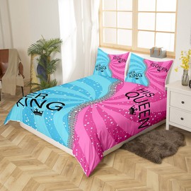Homewish His And Her Duvet Cover Set King And Queen Bedding Set For Couple Blue Pink Spiral Swirl Stars Stripes Comforter Cover Set Romantic Valentines Presents King Size