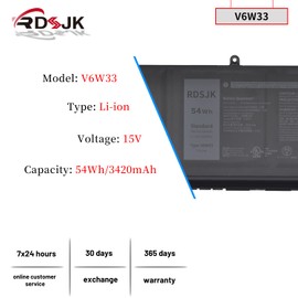 V6W33 Laptop Battery for Dell Inspiron 3510 3511 3515 5310 5410 5415 5418 5510 5515 5518 Latitude 3320 3520 3420 Vostro 3510 3515 3511 5510 5410 Series G91J0 TN70C 0VKYJX 0MVK11 0XDY9K 0FH3K2 15V 54Wh