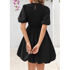 KIRUNDO Womens Summer Smocked Mini Dress 2025 Spring Puff Short Sleeve Boho Ruffle Crewneck Bubble A Line Short Dresses(Black, Large)