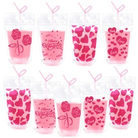 20 Pcs Valentine Heart Drink Pouches With Straws Pink Love Heart Rose Flowers Reusable Juice Pouches Plastic Clear Drink Bags for Valentine Wedding Birthday Bachelorette Party Supplies