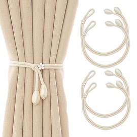 SanKristo Curtain Tiebacks 4 Pieces, No Punching Adjustable Length with Double Woven Ball, Little Flower Decoration Curtain Ties Tie-Backs Accessories Holdbacks Beige