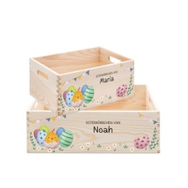 wunderwunsch Osterkiste, Osterkorb, Osternest, Osterkörbchen personalisiert, Ostergeschenk Kinder, Osterdeko Holz, individualisiert mit deinem Wunschnamen (Ostereier Girlande, klein 30x20x13)