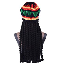 ZARSIO Rasta Hat with Black Dreadlocks Wig Rasta Wig with Crocheted Knitted Beret Cap