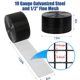 FUTRPOW Critter Guard for Solar Panels,6in x120ft Solar Panel Bird Guard with 100pcs Fastener Clips(1" 80pcs/1.5" 20pcs), 1/2in Fine Mesh Black PVC Coated Critter Guard with Gloves and Pliers
