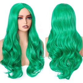 PORSMEER Wigs 26 Inches / 60 cm Length Wavy Synthetic Fibre Curly Hair Fibres Replacement Wig for Parties Cosplay Daily Wig (Green)
