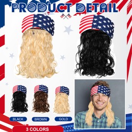 Giegxin 3 Pcs Mullet Wig for Men 4th of July Headband Patriotic USA Flag Headband Red White and Blue Accessories Independence Day Wigs American Flag Sports Headbands, Blonde, Brown, Black