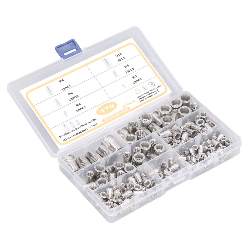 170pcs M3‑M10 304 Stainless Steel Rivet Nuts Durable Flat Head