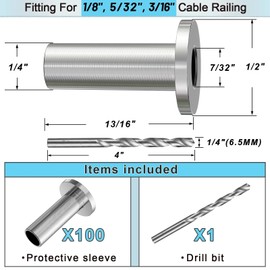 Steel DN Mate 100 Pack Stainless Steel Protector Sleeves for 1/8" 5/32" or 3/16" Cable Railing, Cable Protector Sleeves for Cable Railing System,T316 Cable Railing Hardware with a Drill Bit, DK101