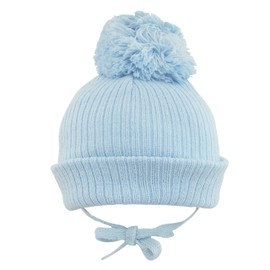 Faith & Sarah Kids Baby Boys Girls Pom Pom Bobble Beanie Hat - Knitted - Chin Tie - Fleece Lined, Blue, 3-6 Months