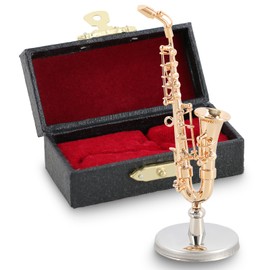 EASTROCK Mini Saxophone Model, 2.6inch Gold-Plated Alto Saxophone Model, Miniature Instrument Model with Black Leather Case, Saxophone Gifts