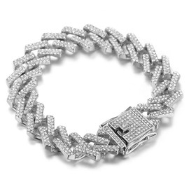 richhut Gold Chain for Men Guys Cuban Link Chain Iced Out 15mm Wide Silver Tone Color White Diamonds Real White Gold Platinum Plated Bracelet Handset Diamonds 8" Gift for Boyfriend Husband