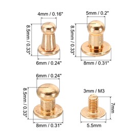 PATIKIL 4,5,6mm Leather Rivets, 60 Sets Round Button Head Studs Metal Screw Studs Posts Chicago Screws Rivet for Clothing Leather Crafts, Gold Tone