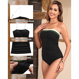 Black Color Block Bandeau Tankini Swimsuits for Women - Two Piece Ruched Tummy Control Bathing Suit Strapless Swimwear with Bottom M