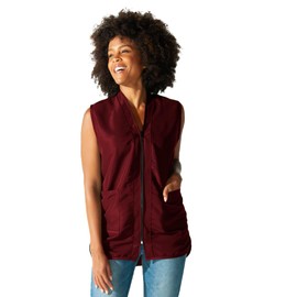 Betty Dain Professional Zip Front Salon Stylist Vest, V-Neck, Iridescent Fabric, Adjustable Belt, Two Lower Pockets with Zippered Bottoms, Lightweight, Machine Washable Nylon, Burgundy, XS