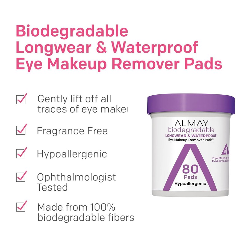 Almay Longwear and Waterproof Eye Makeup Remover Pads, 80 Count
