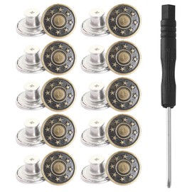 10Pcs Jeans Buttons with Threads Rivets and Screwdriver, 17mm Adjustable Jean Button Pins Replacement Jean Tack Buttons No Sew, Removable Pants Buttons for Bags Jeans Clothing