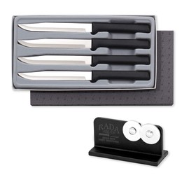 RADA 4-Piece Utility Knife Set Black Handled Steak Knives with Knife Sharpener