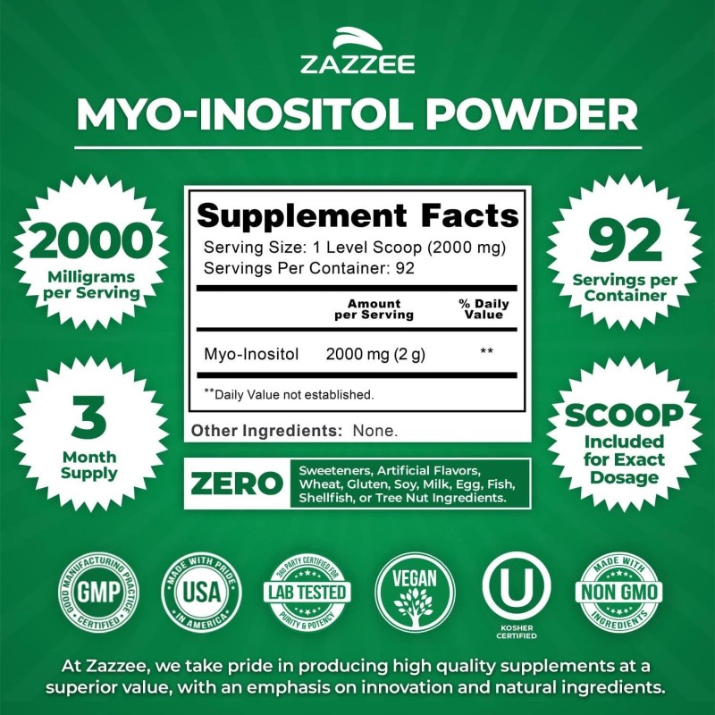 Zazzee Myo-Inositol Powder, 3 Month Supply, 92 Servings, 2000 mg