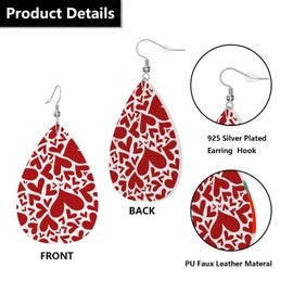 MIOAOSRT Red Hearts Earrings Doodle Hearts Pattern Faux Leather Earrings Leaf Earring Teardrop Dangle Earrings for Women
