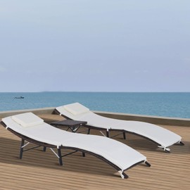 Outsunny Set of 2 Patio PE Rattan Chaise Lounge Set, 3 Pieces Outdoor Folding Wicker Ledge Loungers Chair with Folding Table, Pillow