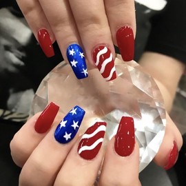 24 Pcs 4th of July Press on Nails Medium Coffin Fake Nails Independence Day False Nails & Accessories Glossy Blue Red Stripe Star American Flag Design Full Cover Glue on Nails for Women Nail Decor