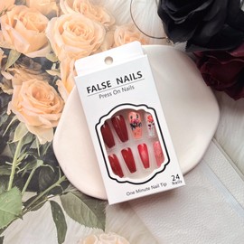 Valentine’s Day Press on Nails Medium Length Fake Nails Full Cover Coffin Shaped False Nails with Rose Flowers Heart Design Glossy Pink Acrylic Glue on Nails for Women Girls Valentine’s Day Manicure