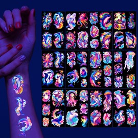 Qpout 12 Sheets Fluorescent Ocean Animals Tattoos,Neon UV Reactive Underwater Sea Creature Temporary Tattoos for Kids Bday Decor,Aquarium Activity,Glow in Dark Party Favors Supplies