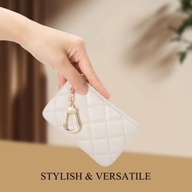 LARENNT Quilted Leather Coin Purse with Keychain - Small Coin Pouch Key Pouch Small Card Holder Keychain Wallet Change Purse for Women and Men, Creamy-white, Art Deco