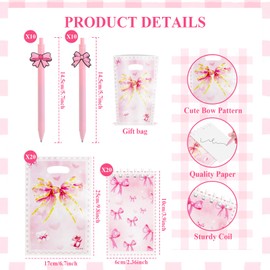 UgyDuky Pink Bow Party Favor Set – 60 Pcs Coquette Aesthetic Stationery Bundle with 20 Gel Pens, 20 Spiral Notebooks, 20 Gift Bags – Cute Pink Party Supplies for Girls, Candy Bags, Journaling Gifts