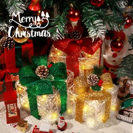 Set of 3 Lighted Gift Boxes Christmas Decorations - Christmas Lighted Gift Boxes Light up Xmas Present Ornament for Tree Indoor Outdoor Yard Holiday Door (Classic)