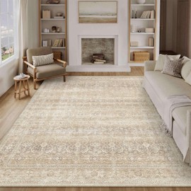 HUGEAR 8x10 Washable Area Rug Beige Living Room Rug Soft Non Slip Large Vintage Floral Distressed Carpet Low Pile Pet Friendly for Bedroom Dining Room