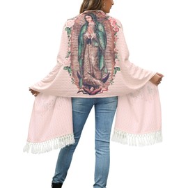 Virgen De Guadalupe Scarf For Women Rebozo Para Mujer Mexicanos Shawls La Virgin Mary Catholic Gifts Rose Pashmina Artisanal Cultural Our Lady of Guadalupe Pink Tilma