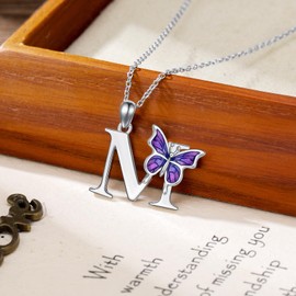 LONAGO Initial M Necklace for Women 925 Sterling Silver Purple Butterfly with A-Z 26 Letters Pendant Necklace for Graduation Gifts