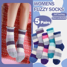 ANTSANG Womens Fuzzy Socks Slipper Winter Fluffy Cozy Cabin Warm Soft Fleece Comfy Home Christmas Gift Stocking Stuffers for Teen Girls(Wide Dark Stripes)