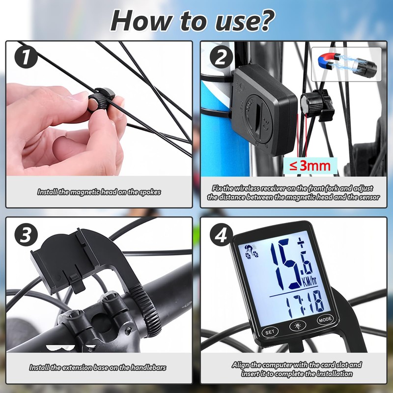AMFUN Bike Computer Wireless,2.4 inch LCD Screen Auto Backlight,Universal 24