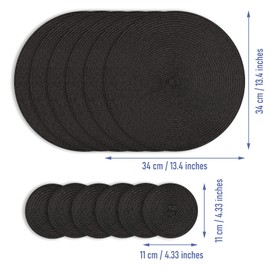 Neween Round Placemats Set of 6, 34 cm Heat Resistant Round Braided Table Mats with Coasters Set of 6 Washable Woven Place Mats for Indoor Outdoor Dining Kitchen Table (Black)