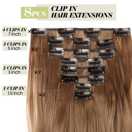 S-noilite® 17 Inch Full Head Clip in Hair Extensions Ombre Wavy Curly Hair Extensions Dip Dye 8 Pieces Long Hair Light Brown