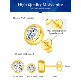Augell Moissanite Diamond Stud Earrings, 1-2 Carat D Color VVS1 Clarity, Hypoallergenic 925 Sterling Silver with 18K Gold Plating, for Women & Men, Professional Lab Created, GRA Certified Earrings