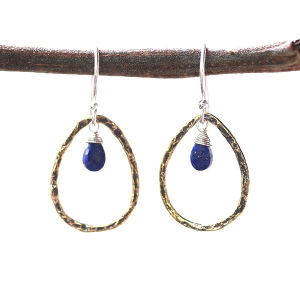 Lapis lazuli earrings and oxidized brass teardrop shape in hammer