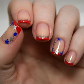24pcs July 4th Press-On Short Square False Nails Independence Day Stick-On Red Glitter French Manicure Glitter Stars American Flag Design False Nails Women DIY Nail Art Decoration