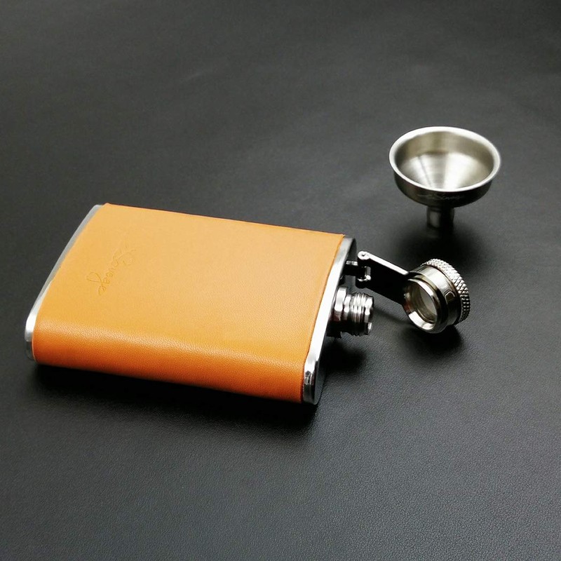 iSavage 3oz Orange Leather Wrapped Hip Flask with a Funnel