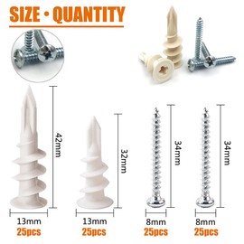 ISPINNER 100pcs Plastic Self-Drilling Drywall/Hollow-Wall Anchor Kit with Screws (2 Sizes)