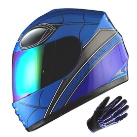 WOW Youth Motorcycle Full Face Helmet Street Bike BMX MX Kids Spider Blue + MX Skeleton Glove Bundle