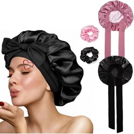 Gorro de Pelo Rizado de Satén, 4PCS Gorro de Seda Rizadores de Raso Suave Noche para Cabello Rizado Doble Capa con Banda Elástica para Ducha y Belleza para Dormir Ajustable
