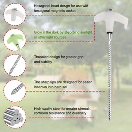 LATTHANT 4 Pcs Tent Stakes Heavy Duty, 8 in Ground Anchors Screw in, Grow in The Dark Screw in Tent Stakes, Camping Stakes with Storage Box, Threaded Tent Spikes with Hex Head Driver and Stake Puller