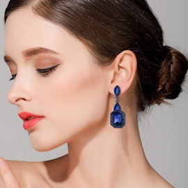 Clearine Women's Clip-On Earrings Crystal Vintage Elegant Chandelier without Pierced Earrings for Wedding Bridal Sapphire Blue Black Tone, Crystal Alloy Steel